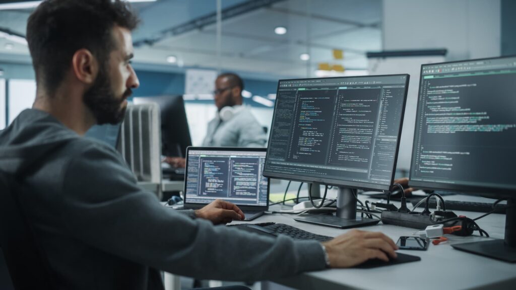 Web app development - A man works at a desk with three screens showing code. 

