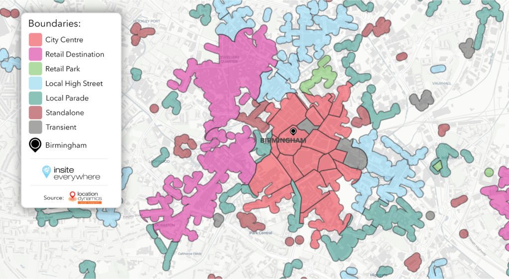 Screenshot of InSite showing different location zones of Birmingham city