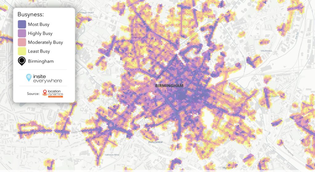 Screenshot of InSite showing the various levels of busyness across Birmingham shown as shaded areas on the map
