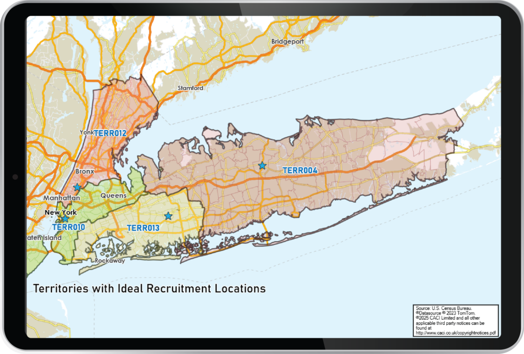 Field Force - Map of Long Island overlaid with recruitment potential levels for field sales optimisation
