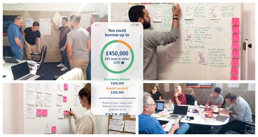Photos showing design sprint with a design discovery and ideation workshop for Compare the Market
