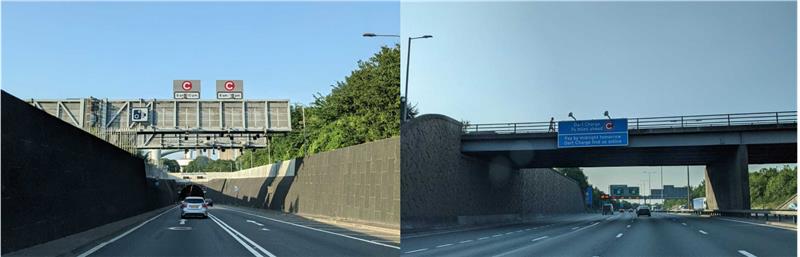 Various views that drivers see on the road when approaching the Dartford Crossing, with signs to remind them that the crossing is coming up.