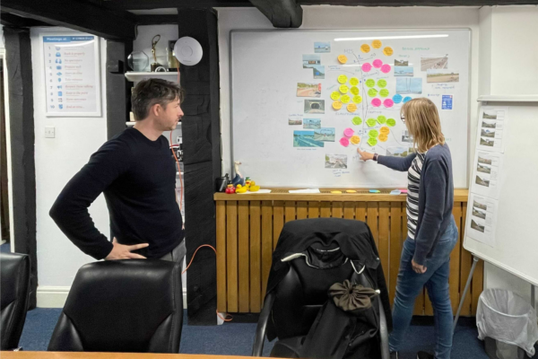 Two members of the Cyber-Duck team working on the strategy for National Highways, standing in front of a board covered with Post-It notes.
